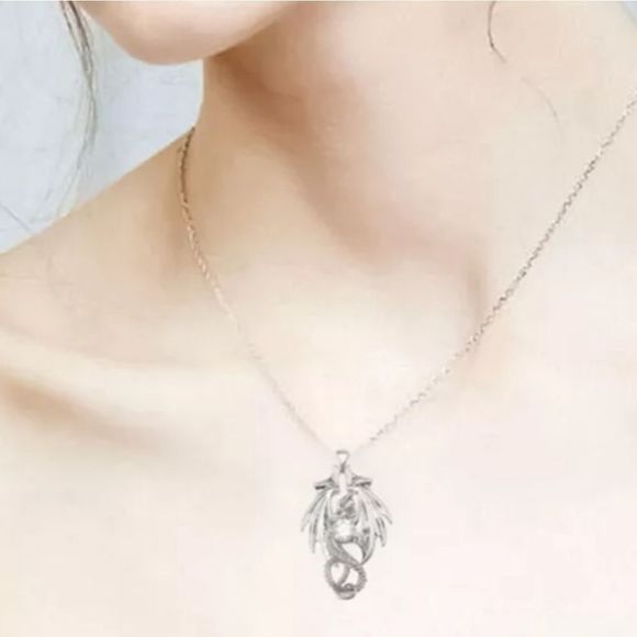 Silver titanium and simulated diamond dragon goth fantasy punk necklace new - Picture 4 of 7